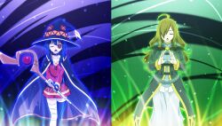  2girls ahoge aura bandaged_leg bandages black_choker black_gloves black_thighhighs breasts brown_cape brown_hair brown_hat cape casting_spell choker closed_eyes collage cowboy_shot dress eyepatch fingerless_gloves gambeson game_asset gloves green_background hair_over_one_eye hands_up hat high_collar highres holding holding_staff hood hood_down hooded_robe kono_subarashii_sekai_ni_shukufuku_wo! kono_subarashii_sekai_ni_shukufuku_wo!_kono_yokubukai_game_ni_shinpan_o! large_breasts long_hair long_sleeves megumin multiple_girls official_art open_mouth purple_background purple_dress purple_robe red_dress robe short_hair_with_long_locks single_thighhigh small_breasts staff standing thigh-highs variant_set wavy_hair witch_hat wiz_(konosuba) 