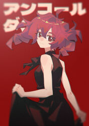  1girl ahoge black_dress double-parted_bangs dress drill_hair egh_(ssquan) encore_dance_(synthesizer_v) from_side hair_between_eyes highres holding_own_dress kasane_teto looking_at_viewer looking_to_the_side messy_hair red_background red_eyes red_hair simple_background solo song_name synthesizer_v twin_drills utau 