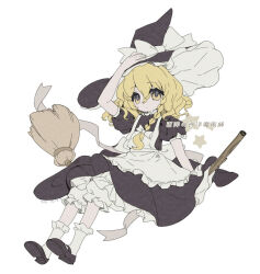  1girl apron artist_name back_bow black_hat black_shoes blonde_hair bow braid broom broom_riding commentary_request embodiment_of_scarlet_devil full_body hair_bow hat hat_bow highres kirisame_marisa long_hair looking_at_viewer mary_janes official_alternate_costume shoes side_braid simple_background single_braid socks solo touhou white_apron white_background white_bow white_socks witch_hat yellow_eyes yuji_tsukumo 