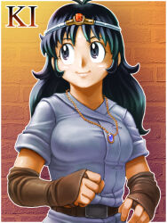  1girl artist_request belt black_eyes black_hair border brown_belt brown_gloves character_name circlet closed_mouth druaga_no_tou elbow_gloves fingerless_gloves gloves gold_necklace jacket jewelry ki_(druaga) long_hair looking_up necklace oekaki outside_border second-party_source short_sleeves smile solo stone_wall upper_body white_border white_jacket 