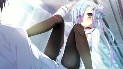  1boy 1girl black_hair black_pantyhose blue_eyes blue_hair bow bowtie choker cross_hair_ornament da_capo da_capo_iv dutch_angle from_below game_asset hair_bun hair_ornament hair_over_one_eye hair_ribbon hand_on_own_head highres houjou_shiina indoors lapels legs_up long_hair long_sleeves lying m_legs miniskirt mitsumomo_mamu non-web_source official_art on_back pantyhose pleated_skirt ribbon sailor_collar school_uniform serafuku shirt side_ponytail single_side_bun sitting sitting_on_person skirt sleeve_cuffs spread_legs striped_clothes tokisaka_ichito white_sailor_collar white_shirt white_skirt yellow_bow yellow_bowtie 