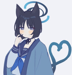  1girl animal_ears black_hair blue_archive blue_eyes blue_halo blue_haori blush bright_pupils choker closed_mouth commentary_request gradient_halo halo hand_up haori highres holding holding_own_hair japanese_clothes kikyou_(blue_archive) long_sleeves looking_at_viewer multicolored_halo puffy_long_sleeves puffy_sleeves ribbon_choker shirt simple_background solo tokage_(pr) upper_body white_background white_pupils white_shirt 