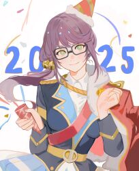  1girl 2025 bad_id bad_twitter_id badge bell belt belt_buckle black-framed_eyewear blue_jacket blue_skirt buckle clenched_hand closed_mouth collared_shirt commentary confetti english_commentary epaulettes flipped_bangs fur-trimmed_jacket fur_trim glasses green_eyes hair_bell hair_ornament hand_up hat highres holding holding_party_popper hoshimi_junna jacket jacket_on_shoulders lapels long_hair long_sleeves looking_at_viewer low_side_ponytail number_background party_hat party_popper pleated_skirt purple_hair red_jacket red_sash sash shirt shoujo_kageki_revue_starlight shoulder_sash side_ponytail sidelocks single_horizontal_stripe skirt smile solo star_(symbol) straight-on striped_clothes striped_skirt uikaposting upper_body waist_cape white_background white_shirt yellow_belt yellow_trim 