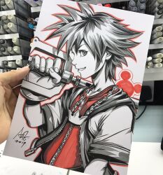  1boy 2017 art_tools_in_frame artist's_hand_in_frame chain chain_necklace commentary english_commentary highres jacket jewelry keyblade kingdom_hearts looking_at_viewer male_focus marker_(medium) necklace over_shoulder photo_(medium) signature smile solo sora_(kingdom_hearts) spiky_hair stanley_lau teeth traditional_media upper_body weapon weapon_over_shoulder 