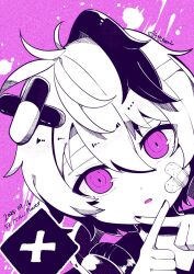  1girl ahoge bandaid bandaid_on_face commentary crossed_bandaids dated flower_(vocaloid) flower_(vocaloid4) headphones headphones_around_neck highres monochrome multicolored_hair paint_splatter parted_lips pill purple_theme short_hair signature solo song_name speech_bubble spoken_x streaked_hair umi_1125peinter upper_body venom_(vocaloid) violet_eyes vocaloid x_(symbol) x_fingers 