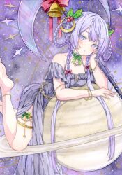  1girl absurdres anklet bare_shoulders barefoot black_dress bow bracelet braid braided_hair_rings breasts choker commentary_request dress frilled_choker frills giant giantess hair_bow hair_rings head_rest highres jewelry long_dress mistletoe_hair_ornament original painting_(medium) planet purple_hair saturn_(planet) side_slit small_breasts solo space sweet_miuk_tea thigh_strap traditional_media violet_eyes watercolor_(medium) 