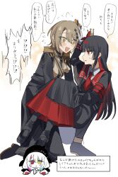  3girls aiguillette armband belt black_capelet black_coat black_gloves black_hair black_pantyhose black_shirt black_shoes black_skirt blonde_hair capelet carrying coat collared_shirt colored_tips commentary_request crown curtained_hair diamond_hair_ornament epaulettes flower full_body gloves hair_flower hair_ornament hasumi_leia heterochromia high_collar highres jogasaki_noah layered_skirt long_hair long_skirt long_sleeves mahou_shoujo_no_majo_saiban mini_crown multicolored_eyes multicolored_hair multiple_girls necktie nikaido_hiro open_mouth overskirt pantyhose pleated_skirt princess_carry red_armband red_eyes red_flower red_necktie red_skirt sabi_kkr sash shirt shoes short_hair shoulder_sash side_capelet simple_background skirt speech_bubble translation_request white-framed_eyewear white_background white_gloves white_shirt yellow_eyes yuri 