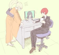  +++ 3girls aged_up alternate_costume black_jacket black_necktie black_pants black_suit blonde_hair brown_shoes cable chair collared_shirt commentary_request danganronpa_(series) danganronpa_2:_goodbye_despair dusk freckles full_body holding jacket japanese_clothes kimono koizumi_mahiru long_hair long_sleeves monitor multiple_girls necktie notice_lines obi office_chair official_alternate_hairstyle on_chair open_clothes open_jacket open_mouth orange_kimono pants ponytail purple_sash red_hair saionji_hiyoko sandals sash sato_(danganronpa) shinshishinc shirt shoes short_hair sitting standing suit suit_jacket swivel_chair very_short_hair white_background white_shirt 