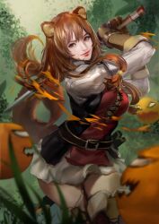  1girl animal_ear_fluff animal_ears arms_up balloon_(tate_no_yuusha_no_nariagari) belt black_dress blurry boots breasts brown_belt brown_boots brown_gloves brown_hair cglas closed_mouth commentary cowboy_shot curvy depth_of_field dress elbow_gloves english_commentary fighting gloves hair_tubes highres holding holding_sword holding_weapon layered_dress leather leather_gloves long_hair long_sleeves medium_breasts metal_arm_cuffs metal_hair_tubes metal_wrist_cuffs outdoors pinstripe_dress pinstripe_pattern popped_balloon raccoon_ears raccoon_girl raccoon_tail raphtalia red_dress red_eyes red_lips scabbard sheath short_dress sleeveless sleeveless_dress smile solo standing sword tail tanuki tate_no_yuusha_no_nariagari thick_thighs thigh_boots thighs two-tone_dress unfinished unsheathed weapon white_dress wide_hips zettai_ryouiki 