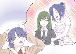  3girls :d alt_text arm_hug bare_shoulders black_jacket black_necktie black_vest blank_eyes blue_hair blush brown_cardigan brown_dress cardigan collared_shirt commentary commission dress elbow_gloves english_commentary gloves green_hair grin hair_bun hair_ornament hairclip hands_on_own_head hasu_no_sora_school_uniform imagining jacket long_hair long_sleeves love_live! love_live!_hasu_no_sora_jogakuin_school_idol_club multiple_girls murano_sayaka murano_tsukasa necktie nervous_smile ogami_sachi open_mouth parallel_hairclips porari sailor_collar sailor_dress school_uniform shirt short_hair siblings sidelocks single_hair_bun sisters smile sparkle speech_bubble straight_hair strapless strapless_dress sweatdrop teeth thought_bubble tuxedo upper_teeth_only vest virtual_youtuber wedding_dress white_gloves white_sailor_collar wife_and_wife winter_uniform yuri 