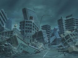  broken_glass broken_window building car city cityscape clouds cloudy_sky crack crosswalk debris destruction game_asset glass grey_sky lamppost mahou_senshi_(series) mahou_senshi_princess_tear motor_vehicle night no_humans non-web_source official_art outdoors overcast post-apocalypse road road_sign rubble ruins scenery self-datamine sign sky skyscraper street visual_novel_cg 
