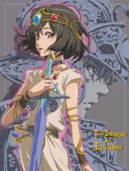  1boy 1girl armlet armor belt black_belt black_hair brown_eyes brown_tunic circlet closed_mouth collar copyright_name gold_armlet gold_necklace helmet hero_(the_emergence_of_excalibur) heroine_(the_emergence_of_excalibur) holding holding_sword holding_weapon jewelry looking_at_viewer matsudo_aya necklace parted_lips pauldrons profile seiken_densetsu seiken_densetsu:_the_emergence_of_excalibur short_hair short_sleeves shoulder_armor standing sword tunic weapon wristband 