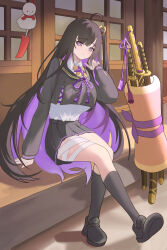  1girl absurdres ahoge bandaged_leg bandages black_sailor_collar black_shirt black_skirt breasts chitose_(stella_sora) colored_inner_hair commentary_request highres katana layered_shirt long_hair looking_at_viewer miniskirt mole mole_under_eye monolith_(stella_sora) multicolored_hair pleated_skirt purple_hair sailor_collar school_uniform serafuku shirt sidelocks sitting skirt stella_sora sword syann two-tone_hair very_long_hair violet_eyes water weapon white_shirt 