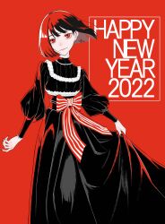  1girl 2022 absurdres bow commentary_request cross cross_earrings dress earrings happy_new_year highres holding_own_dress jewelry light_smile limited_palette looking_at_viewer original red_background red_theme short_hair smile solo waist_bow zudxpnz 