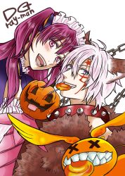  1boy 1girl 1other ahoge allen_walker animal_costume animal_ears blue_dress blue_eyes blue_ribbon blush brown_fur candy chain collar copyright_name creature d.gray-man dress english_text facial_mark fangs food forehead_mark frilled_dress frills golem_(d.gray-man) grin hair_between_eyes hair_over_shoulder hair_ribbon halloween_costume headdress highres lenalee_lee lero lollipop long_hair looking_at_viewer maid maid_headdress open_mouth parted_bangs pink_umbrella pumpkin purple_hair red_collar ribbon scar scar_across_eye scar_on_face sharp_teeth short_hair sidelocks simple_background smile spiked_collar spikes star_(symbol) star_facial_mark striped_clothes striped_dress tail teeth timcanpy two_side_up umbrella upper_body violet_eyes white_background white_hair wings wolf_costume wolf_ears x_x yu_chocochip 