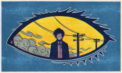  1boy adachi_tooru black_hair black_jacket border commentary crispykalechips english_commentary eye_focus eyelashes faceless faceless_male grin highres jacket long_sleeves male_focus necktie persona persona_4 red_necktie short_hair signature sky smile smoke solo spoilers utility_pole white_border yellow_eyes yellow_sky 