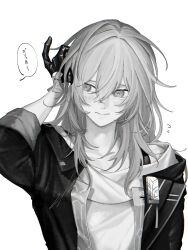  1girl absurdres arm_up blush closed_mouth collarbone commentary_request cropped_torso embarrassed flying_sweatdrops gloves greyscale hair_between_eyes hand_on_own_head highres honkai:_star_rail honkai_(series) ieririr jacket lapels long_hair long_sleeves looking_to_the_side monochrome open_clothes open_jacket shirt sidelocks signature simple_background solo speech_bubble stelle_(honkai:_star_rail) t-shirt tassel trailblazer_(honkai:_star_rail) upper_body 