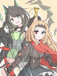  2girls ahoge animal_ears archetto_(arknights) arknights bare_shoulders belt_pouch black_corset black_dress black_gloves black_hair black_jacket blonde_hair blue_eyes blush bow_(weapon) cape cat_ears cat_girl chest_belt circlet compound_bow corset crystal crystal_tail dress epaulettes gloves green_dress green_eyes green_hair heterochromia highres jacket long_hair mon3tr_(arknights) multicolored_hair multiple_girls open_clothes open_jacket open_mouth orange_background partially_fingerless_gloves pouch red_cape red_eyes single_epaulette smile tail tanakarashii two-tone_hair underbust vambraces weapon 