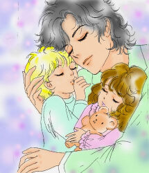  1girl 2boys animification black_hair blonde_hair brother_and_sister brown_hair child closed_eyes commentary_request father_and_child father_and_daughter father_and_son lips michael_jackson multiple_boys parent_and_child paris_jackson prince_jackson real_life siblings smile stuffed_animal stuffed_toy tareneko14 teddy_bear third-party_source wavy_mouth 