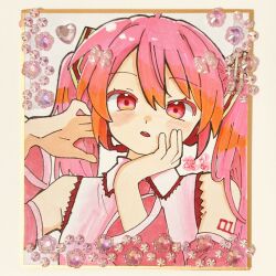  1girl detached_sleeves hand_in_own_hair hands_up hatsune_miku head_rest highres komori_kamome long_hair looking_at_viewer marker_(medium) parted_lips pink_hair red_eyes sakura_miku shikishi shirt sleeveless sleeveless_shirt solo traditional_media twintails upper_body vocaloid 