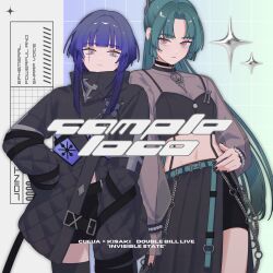  2girls belt black_nails blue_hair blunt_bangs blunt_ends choker coat crop_top culua expressionless facial_mark gem gradient_hair green_hair hand_on_own_hip high_collar high_ponytail highres kisaki_(rk_music) lemontea long_hair long_sleeves looking_at_viewer looking_down midriff multicolored_hair multiple_girls nail_polish navel official_art parted_bangs parted_lips pearl pink_hair ponytail puffy_long_sleeves puffy_sleeves rk_music sample_watermark see-through_clothes see-through_shirt shirt short_hair shorts side_slit sidelocks sleeves_past_fingers sleeves_past_wrists thigh-highs virtual_youtuber wallet_chain watermark 