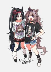  2girls absurdres animal_ears ark_koiz35 bag black_choker black_hair black_shirt black_skirt black_socks blue_shorts brown_eyes brown_hair checkered_hairband choker closed_mouth commentary_request do_deuce_(racehorse) equinox_(racehorse) fang genderswap genderswap_(mtf) hair_between_eyes hairband hand_on_own_hip highres holding horse_ears horse_girl horse_tail long_hair loose_socks multicolored_hair multiple_girls open_mouth original personification print_shirt red_hairband school_bag scrunchie shirt shoes shorts skirt smile socks streaked_hair tail umamusume violet_eyes white_hair white_shirt white_socks wrist_scrunchie 