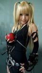 apple blades blonde_hair boots chain chains cosplay death_note elbow_gloves fingerless_gloves fishnet_stockings food fruit gloves holding holding_fruit jewelry kipi-san necklace photo solo torn_clothes twintails zipper 