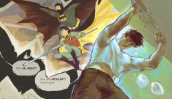  1boy batman batman_(series) batman_symbol black_bodysuit black_hair blue_eyes bodysuit bruce_wayne cape dc_comics gloves grey_bodysuit highres jason_todd male_focus multicolored_bodysuit multiple_boys muscular muscular_male pectorals robin_(dc) shirt short_hair superhero_costume tim_drake two-tone_bodysuit tyt_tham yellow_cape 