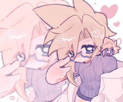  1boy adjusting_eyewear blonde_hair blue_eyes blym7oym7759061 closed_mouth cloud_strife cloud_strife_(snowy_icicle_jacket) commentary dissidia_duellum_final_fantasy dissidia_final_fantasy final_fantasy final_fantasy_vii glasses grey_jacket heart highres jacket looking_at_viewer male_focus on_shoulder open_clothes open_jacket ribbed_sweater short_hair solo sweater teardrop-framed_glasses turtleneck turtleneck_sweater untranslatable_commentary upper_body zoom_layer 