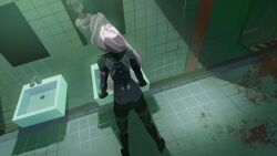  2girls alien_stage bathroom black_hair blood blood_on_ground commentary different_reflection english_commentary highres mizi_(alien_stage) ms_plinius multiple_girls pink_hair reflection signalis sink sua_(alien_stage) tile_floor tile_wall tiles 