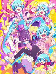  5girls aqua_eyes aqua_hair black_pants blush bow bright_pupils brown_shoes chibi chibi_inset commentary_request drawstring eyelashes foreshortening hair_between_eyes hair_ornament hat hat_bow heart heterochromia highres holding holding_ribbon holding_stylus hood hood_down hooded_jacket hoodie jacket long_hair long_sleeves multicolored_hair multiple_girls nise_dorothia open_mouth original outline outstretched_arm pants pink_bow pink_eyes pink_hair pink_hoodie pink_jacket pink_ribbon pointing pointing_at_viewer purple_skirt red_jacket ribbon scrunchie shoes shooting_star_hair_ornament short_hair short_sleeves skirt smile star_(symbol) star_hair_ornament stylus teeth two-tone_hair unmoving_pattern upper_teeth_only v white_bow white_hat white_jacket white_pupils wrist_scrunchie 