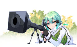  1girl absurdres aiming anti-materiel_rifle aqua_eyes aqua_hair artist_name black_gloves black_trim bush closed_mouth commentary double-parted_bangs english_commentary fingerless_gloves gloves gradient_background green_jacket gun hair_between_eyes hair_ornament hairclip highres holding holding_gun holding_weapon jacket long_sleeves medium_hair multicolored_jacket outline rifle scarf sidelocks sinon sniper_rifle solo sword_art_online two-tone_jacket upper_body watermark weapon weiic white_background white_jacket white_outline white_scarf 