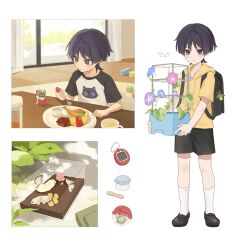  1boy aged_down artist_name backpack bag black_bag black_shoes black_shorts bug burger butterfly commentary contemporary curtains drawstring drink_carton eating expressionless food fork genshin_impact highres holding holding_fork hood hood_down hoodie indoors juice_box multiple_views omelet omurice randoseru scaramouche_(genshin_impact) shoes short_hair short_sleeves shorts shrimp shrimp_tempura simple_background socks solo soup table tamagotchi tempura toy_block twitter_username wanderer_(genshin_impact) white_background white_socks window yellow_hoodie yuii_03 