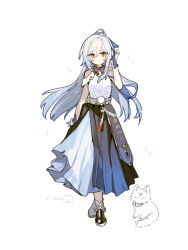  1girl aged_down black_boots blue_hair boots cat clothing_cutout commentary_request dress expressionless full_body hair_between_eyes hair_ribbon highres holding_own_dress honkai:_star_rail honkai_(series) jingliu_(honkai:_star_rail) jingliu_(little_cat)_(honkai:_star_rail) long_hair looking_at_viewer official_alternate_costume red_eyes ribbon rizu033 shoulder_cutout signature simple_background solo very_long_hair white_background 
