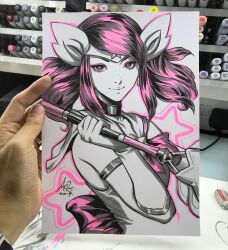 1girl 2017 art_tools_in_frame artist's_hand_in_frame black_collar closed_mouth collar commentary earrings elbow_gloves english_commentary gloves headpiece highres holding holding_wand jewelry league_of_legends long_hair lux_(league) magical_girl marker_(medium) partially_colored photo_(medium) pink_hair signature smile solo stanley_lau star_(symbol) star_guardian_lux traditional_media upper_body wand 