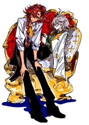  2girls black_pants blue_eyes closed_mouth commentary glasses green_shirt grey_hair gundam gundam_suisei_no_majo highres jacket jacket_on_shoulders long_hair miorine_rembran multiple_girls necktie pants red_hair shirt sitting smile suletta_mercury thick_eyebrows tima white_jacket white_shirt yellow_necktie 