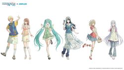  1boy 5girls :d aqua_eyes artist_name azusawa_kohane bilingual_commentary black_hair black_skirt blonde_hair blue_eyes blue_necktie blue_pants blue_shirt blue_skirt blue_vest braid breasts cherry collared_shirt commentary copyright_logo copyright_notice cup dress english_commentary food frilled_dress frilled_skirt frills fruit full_body green_dress grey_eyes grey_shoes hair_ornament hanasato_minori hatsune_miku highres holding holding_cup holding_spoon hoshino_ichika_(project_sekai) ice_cream jewelry kushami_deso leg_up logo long_hair low_twintails melon_soda mixed-language_commentary multiple_girls necklace necktie official_art pants pants_under_skirt project_sekai puffy_short_sleeves puffy_sleeves red_shirt red_shoes scrunchie shirt shoes short_sleeves shorts simple_background skirt smile socks spoon star_(symbol) star_hair_ornament teeth tenma_tsukasa tongue twintails upper_teeth_only very_long_hair vest vocaloid web_address white_background white_hair white_shoes white_shorts white_skirt white_socks wrist_scrunchie yellow_eyes yellow_shirt yoisaki_kanade 