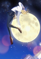  1girl absurdres antenna_hair arched_back arcueid_brunestud black_pantyhose blonde_hair blue_skirt blush boots breasts brown_boots buckle_boot building city closed_eyes floating floating_hair full_moon hand_up highres kinako_(akatuki5) leg_lift long_legs midair miniskirt moon night open_mouth pantyhose single_hair_intake sketch skirt sky smile solo star_(sky) starry_sky sweater tsukihime tsukihime_(remake) turtleneck turtleneck_sweater white_sweater 