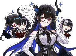  ! 2girls absurdres asymmetrical_horns black-framed_eyewear black_gloves black_hair black_horns black_wings blue_hair blush_stickers book breasts clothing_cutout collared_shirt colored_inner_hair demon_horns eighth_note english_text fang feathered_wings flower glasses gloves grey_hair heads_together highres holding holding_book hololive hololive_english horn_flower horns large_breasts light_smile long_hair long_sleeves looking_at_viewer low_wings mole mole_under_eye multicolored_hair multiple_girls multiple_views musical_note nerissa_ravencroft nerissa_ravencroft_(1st_costume) open_book open_mouth red_eyes ribbed_shirt shiori_novella shiori_novella_(1st_costume) shirt shoulder_cutout speech_bubble split-color_hair two-tone_hair uneven_horns upper_body virtual_youtuber white_background white_shirt wings yellow_eyes yomosaka 