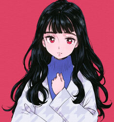  1girl black_hair blue_sweater blunt_bangs choppy_bangs clenched_hand closed_mouth coat commentary_request eyelashes hand_on_own_chest highres kari_(kakko_k) light_frown lips long_hair long_sidelocks long_sleeves original pink_lips print_coat red_background red_eyes sidelocks simple_background solo sweater thick_eyebrows turtleneck turtleneck_sweater unmoving_pattern upper_body wavy_hair white_coat 