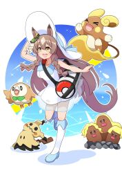  >_< 1girl alolan_dugtrio alolan_raichu animal_ears aonoji blonde_hair blush braid breasts brown_eyes brown_hair closed_eyes double-parted_bangs dress ear_ornament hair_between_eyes hat highres horse_ears horse_girl horse_tail large_breasts lillie_(pokemon) long_hair mimikyu multicolored_hair open_mouth pokemon pokemon_(creature) pokemon_sun_and_moon rowlet satono_diamond_(umamusume) sleeveless sleeveless_dress smile streaked_hair sun_hat tail teeth twin_braids umamusume upper_teeth_only very_long_hair white_dress white_hat 