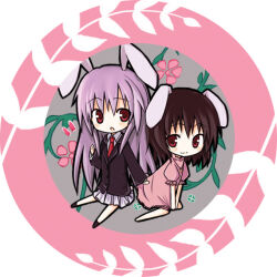  2girls amakaze_sora animal_ears barefoot black_hair black_jacket black_socks border chibi collared_shirt commentary_request dress flower inaba_tewi jacket long_hair multiple_girls necktie pink_dress pink_flower pleated_skirt puffy_short_sleeves puffy_sleeves purple_hair purple_skirt rabbit_ears red_eyes red_necktie reisen_udongein_inaba round_border shirt short_sleeves sitting skirt socks touhou very_long_hair white_shirt 
