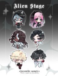  3boys 3girls absurdres alien_stage angel_and_devil angel_wings artist_name black_eyes black_hair black_veil black_wings blonde_hair brown_hair chibi chibi_only commentary copyright_name dark-skinned_female dark_skin demon_horns demon_wings english_commentary green_eyes grey_eyes grey_hair halo highres horns hyuna_(alien_stage) ivan_(alien_stage) luka_(alien_stage) mih0 mizi_(alien_stage) multiple_boys multiple_girls multiple_wings official_alternate_costume pink_hair sua_(alien_stage) till_(alien_stage) veil violet_eyes white_wings wings yellow_eyes 