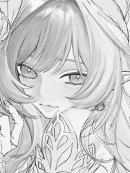  1girl bare_shoulders closed_mouth cropped_shoulders cyrene_(demiurge)_(honkai:_star_rail) cyrene_(honkai:_star_rail) detached_sleeves diamond-shaped_pupils diamond_(shape) earrings eyelashes fingernails flower from_side greyscale hair_flower hair_ornament hair_ribbon hand_up highres honkai:_star_rail honkai_(series) ieririr jewelry lips long_hair looking_at_viewer monochrome planet_earrings pointy_ears ribbon rose short_sleeves sidelocks single_earring smile solo symbol-shaped_pupils unfinished very_long_hair 