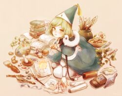  1girl book book_stack brown_background brushbuddy cloak coco_(tongari_boushi_no_atelier) commentary_request green_eyes haiki_(hakkyoii06) hat highres holding holding_pen nib_pen_(object) paper parted_lips pen quill simple_background sitting smile solo tongari_boushi_no_atelier wizard_hat 