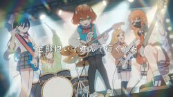  5girls anno_akira anno_syura artist_request black_hair black_mask black_pantyhose black_shoes blonde_hair blue_hair bow bowtie brown_cardigan brown_hair cardigan clenched_teeth closed_mouth clothes_around_waist commentary_request concert dragon_musume_ni_naritakunai! drum drum_set drumsticks duel_masters green_eyes green_hoodie guitar hair_ornament harusaki_eiku highres holding holding_drumsticks holding_guitar holding_instrument hood hood_up hoodie hoshi_feruki instrument jacket jacket_around_waist keyboard_(instrument) long_hair mask mouth_mask multicolored_hair multiple_girls necktie official_art open_cardigan open_clothes open_mouth orange_eyes pantyhose plaid_clothes plaid_skirt playing_guitar playing_instrument red_bow red_bowtie red_hair red_necktie rudo_thana school_uniform shirt shoes short_hair skirt teeth translation_request white_shirt white_shoes 