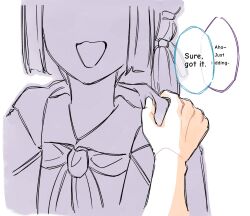  2girls alternate_language anyoji_hime colored_speech_bubble commentary dress english_commentary english_text female_pov hand_on_another's_shoulder hasu_no_sora_school_uniform highres hood hood_down hooded_jacket jacket love_live! love_live!_hasu_no_sora_jogakuin_school_idol_club momose_ginko multi-tied_hair multiple_girls neckerchief open_clothes open_jacket open_mouth ponytail porari pov pov_hands puffy_short_sleeves puffy_sleeves sailor_collar sailor_dress school_uniform short_hair short_sleeves speech_bubble summer_uniform virtual_youtuber 