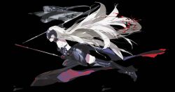  1girl armor back banner bare_shoulders blood blood_splatter fate/grand_order fate_(series) floating_hair full_body gorget greyscale headpiece highres holding holding_banner holding_sword holding_weapon jeanne_d'arc_alter_(avenger)_(fate) jeanne_d'arc_alter_(avenger)_(third_ascension)_(fate) jeanne_d'arc_alter_(fate) lantern_madoyoi long_hair monochrome profile smirk solo sword very_long_hair weapon 