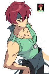  1boy :| absurdres bare_arms bishounen black_eyes black_pants bright_pupils closed_mouth cowboy_shot english_commentary fields_of_mistria green_tank_top grey_headband hair_between_eyes hand_on_own_hip headband highres looking_at_viewer male_focus march_(fields_of_mistria) official_art_inset pants pectoral_cleavage pectorals red_hair short_hair simple_background solo tank_top unfinished white_background white_pupils xestria 