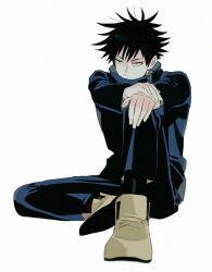  1boy black_pants black_socks brown_shoes fingernails full_body fushiguro_megumi green_eyes hand_on_own_knee high_collar highres jujutsu_kaisen jujutsu_tech_uniform knee_up male_focus pants shoe_soles shoes short_hair simple_background sitting socks solo spiky_hair sumomoi_(dvcat) white_background 